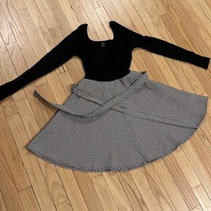 Shein long sleeve dress with blacks formed too and belled out gingham skirt!